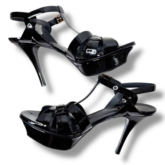 Saint Laurent Tribute Black Patent Leather Platform High Heel Sandals Size 37.5 - Picture 6 of 13